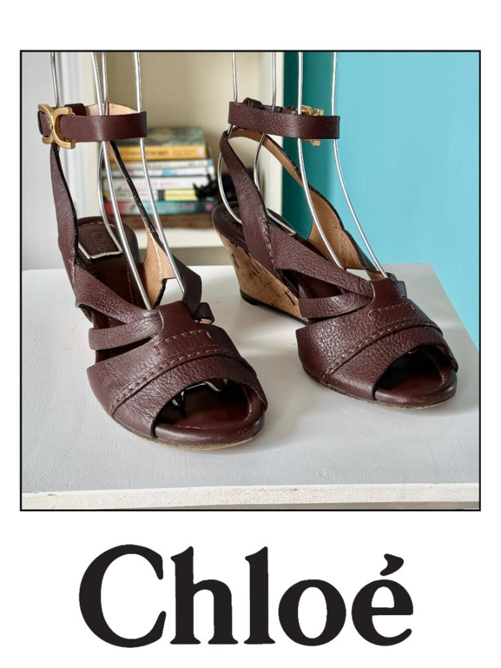 Chloe Strappy Leather Cork Wedge Slingback Sandals (6.5 US / EU 37.5) - Picture 3 of 10